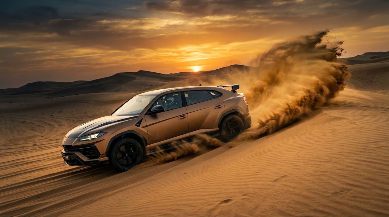 Lamborghini Urus bronze levantando areia nas dunas ao pôr do sol
