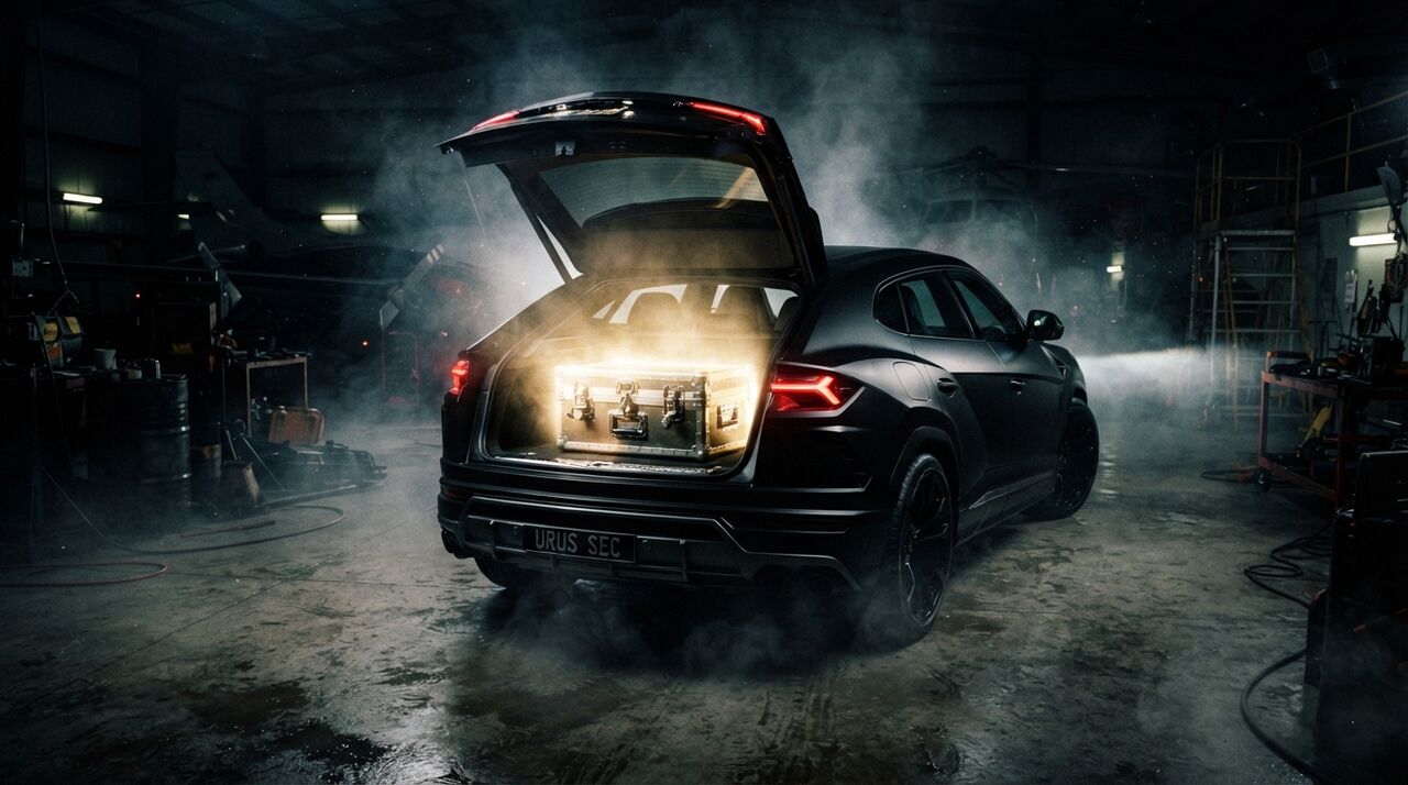 Lamborghini Urus preto num galpão escuro, com a tampa do porta-malas aberta e uma luz saindo de dentro
